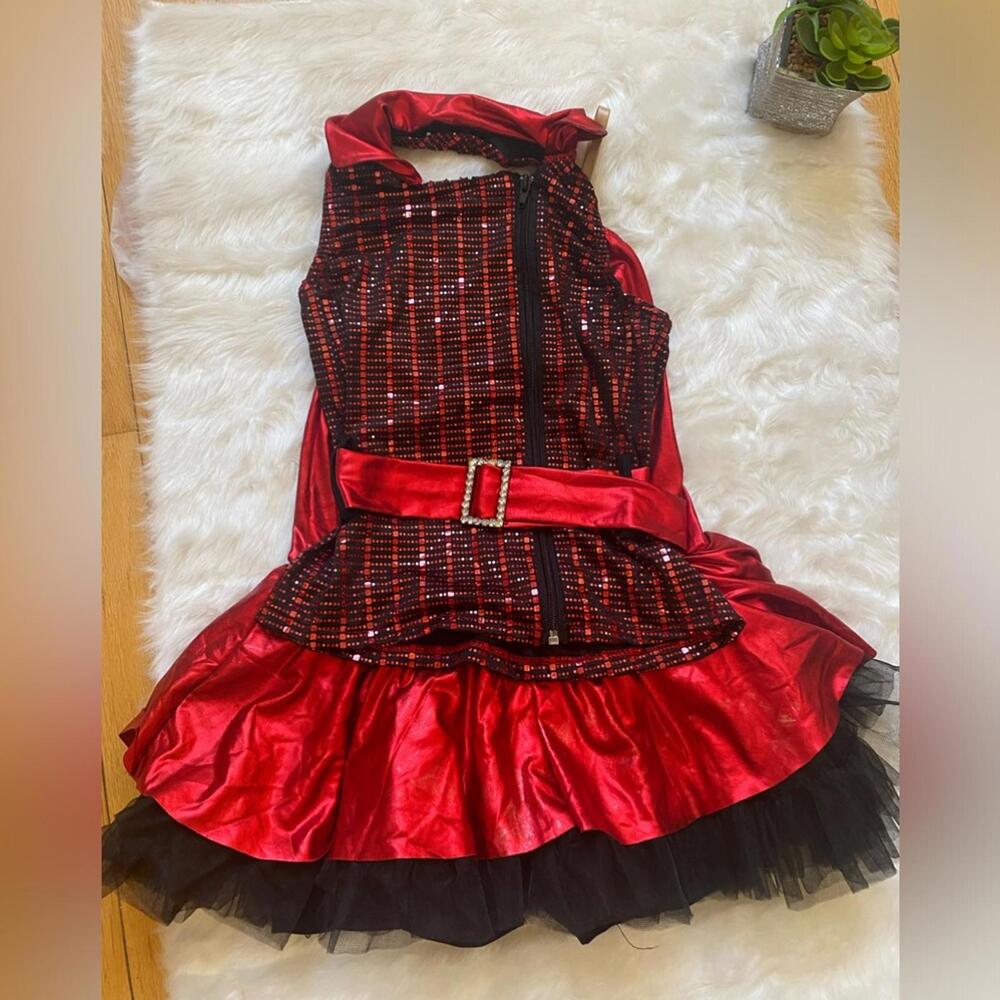Red and Black Women's Mini Dress with Belt and Tulle Detail